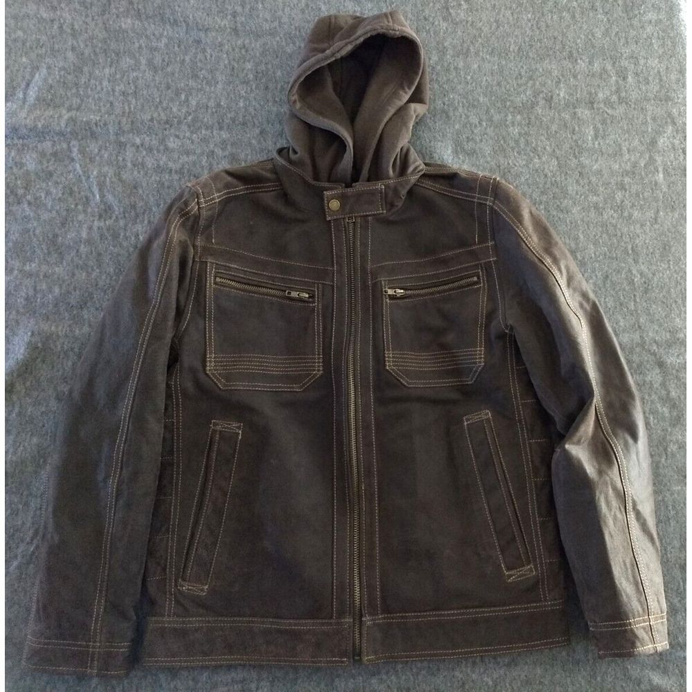 Wilsons Suede Leather Cafe Racer Moto Jacket Brown Men M Full Zip Hooded Vintage